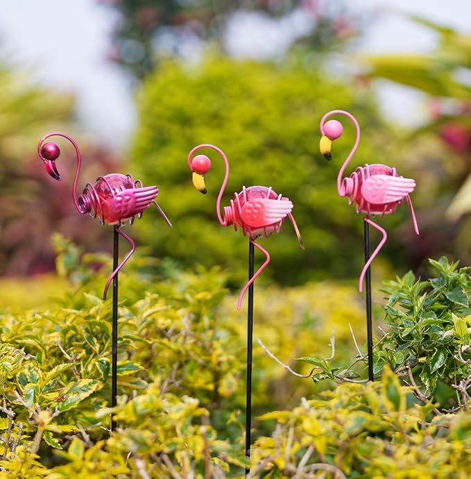 Stargarden 3 Pack Flamingo Solar Lights, Metal Garden Stakes Figurine Lights, Decorative Waterproof Yard Decorations for Pathway, Patio, Outdoor
