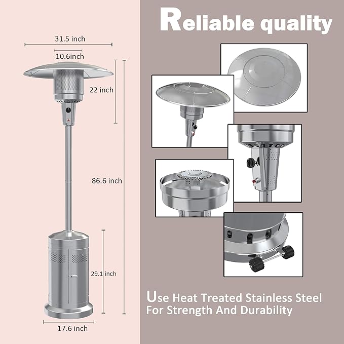 Gas Patio Heater with Wheels And Cover，48,000 BTU of Outdoor Portable LP Propane Commercial Heater ，automatically shuts off gas flow,with CSA Certified for Garden