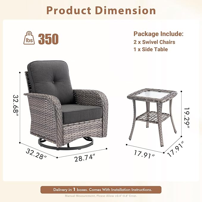 3 Pieces Outdoor Patio Furniture Set, Outdoor Wicker Rocking Patio Chairs Set of 2 with Coffee Table, All Weather Rattan Front Porch Chairs for Backyard, Garden, Poolside, Black