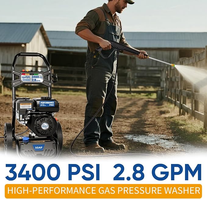TOOLCY 3400 PSI Gas Pressure Washer, 2.8 GPM Gas Power Washer with 212cc OHV Engine, 30 FT Pressure Hose, Axial Cam Pump, Spray Gun with Extension Wand for Driveways, Patios Outdoor Cleaning