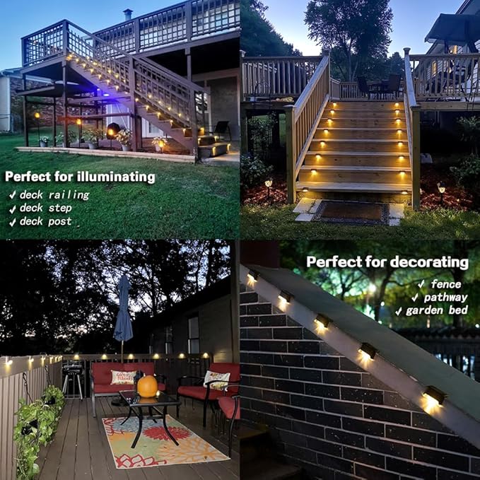 Solar Deck Lights Outdoor, 4 PCs LED Solar Fence Lights Waterproof, Garden Decorative Solar Step Lights, LED Solar Lights for Patio Porch Stairs Yard Driveway Pathway (Cool White, 24-Pack)
