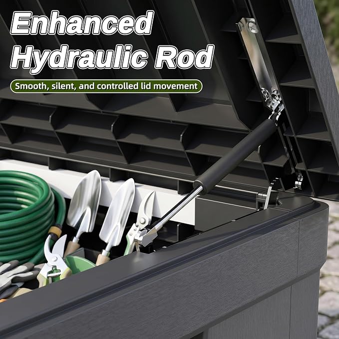 270 Gallon Deck Box, Extra Large Waterproof Outdoor Storage Box with Hydraulic Rod, Weatherproof Resin, Lockable Wood-grain Finish Container for Patio Furniture, Garden, Pool and Garage (Black)