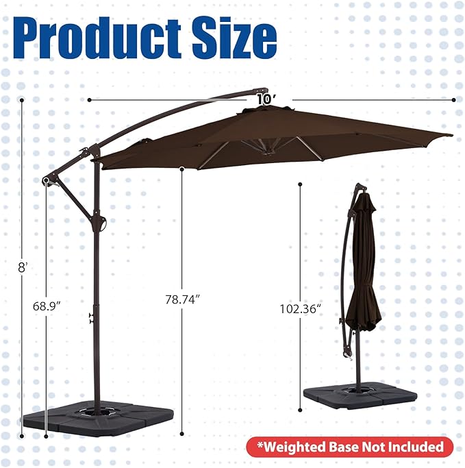 10FT Patio Umbrella, Outdoor Offset Cantilever Umbrella with Sturdy 8 Ribs, Easy Tilt Adjustment for Backyard Pool Garden,Brown