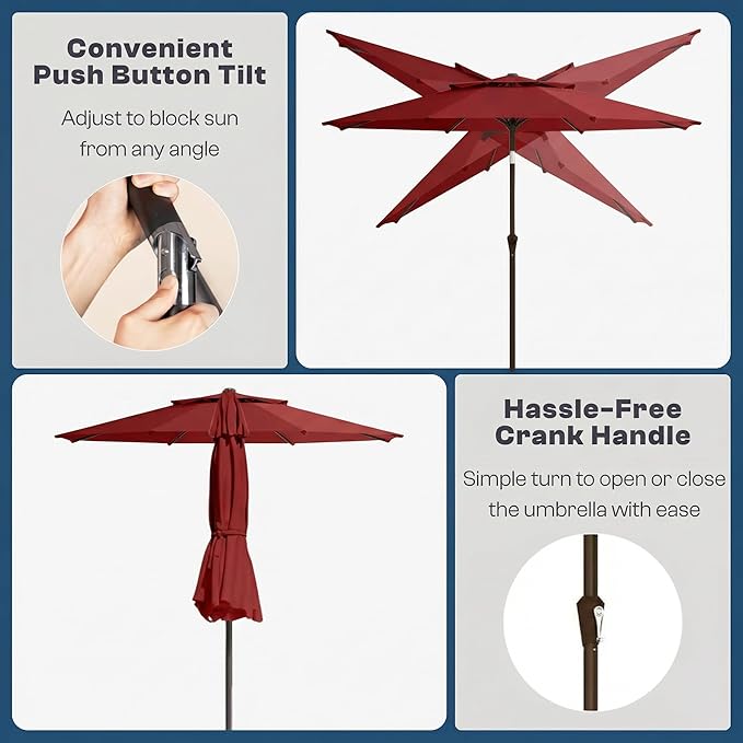 Outdoor Patio Umbrella, 2 Tiers Market Table Umbrella with 8 Sturdy Ribs, Push Button Tilt and Crank, UPF50+ UV Protection for Deck, Pool, Garden and Backyard