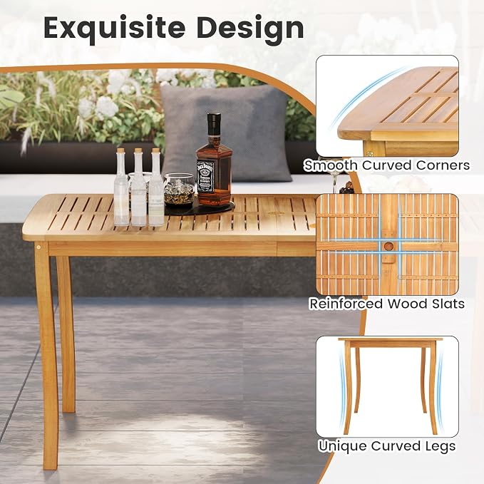 Tangkula 63-Inch Acacia Wood Outdoor Dining Table, 4-6 People Rectangle Patio Table with Umbrella Hole & Slatted Tabletop, Outside Table for Backyard, Garden, Porch, Deck