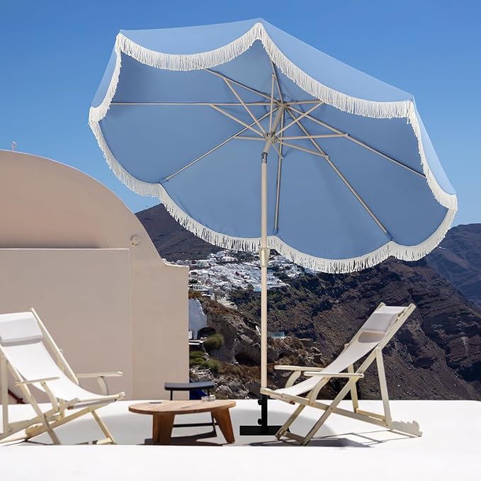 Tempera 9ft Blue Scalloped Patio Umbrella with Fringe,UV Protection Fade Resistant Canopy, 8 Sturdy Ribs, Outdoor Table Umbrella with Crank Tilt for Lawn, Pool, Deck, Balcony