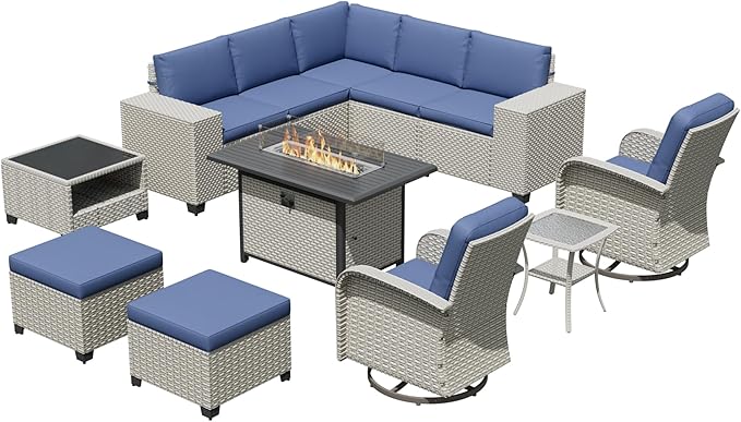 12-Piece Outdoor Patio Furniture Set with Fire Pit, Modular Sectional Sofa Set with Swivel Rocker Chairs & Ottomans, Wicker Outdoor Couch Conversation Sets w/Coffee Table and Cushions, Blue