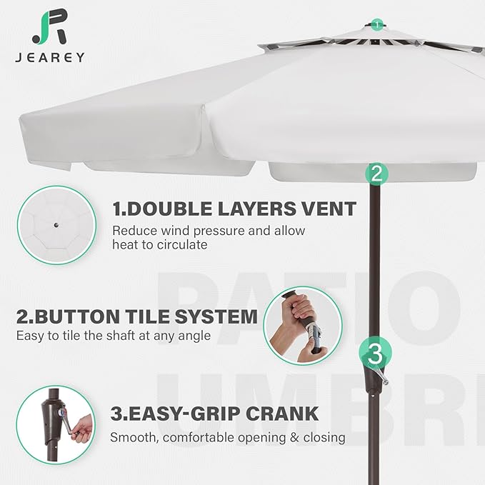 JEAREY 9' 2-Tiers Patio Umbrellas Outdoor Market Table Umbrella w/Push Button Tilt/Crank, 8 Sturdy Ribs, UV Protection Waterproof Sunproof(Cream White)