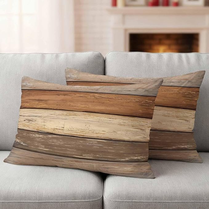 Farmhouse Beige Brown Outdoor Waterproof Pillow Covers, Vintage Wooden Striped Decorative Rectangle Throw Pillowcase Sofa Cushion Sham for Patio/Couch/Chair, 20"x12" 2 Pack