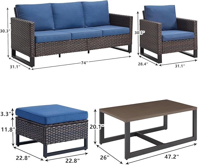 Rilyson Wicker Outdoor Patio Furniture Set - 6 Piece Patio Conversation Set with 2 Armrest Chairs,2 Rattan Ottoman,1 Couch and 1 Metal Side Table for Outside Porch Deck Backyard(Brown/Blue)