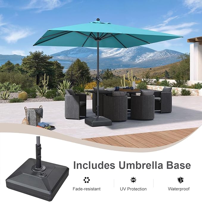 PURPLE LEAF 10' x 10' Square Patio Market Umbrella with Base Outdoor Table Umbrellas Aluminum Frame Sun Shade with 8 Sturdy Ribs for Garden Deck Lawn Pool Turquoise Blue