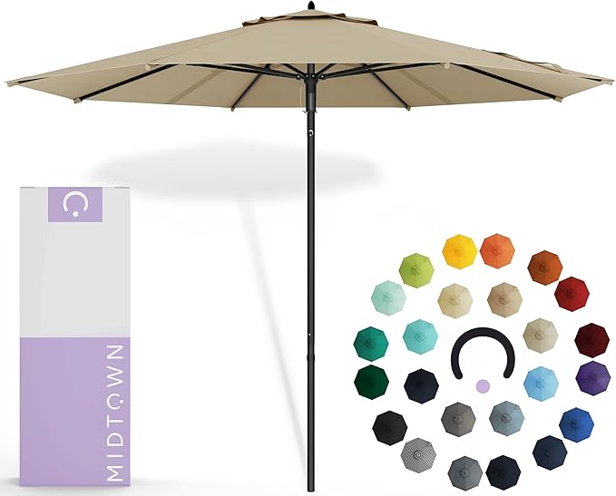 Midtown Umbrellas Push & Pop 8 Ft Patio Umbrellas with Push & Pop Mechanism, Fiberglass Ribs & Sunbrella Fabric – Outdoor Umbrella for Deck, Pool, Cafés and Hotels – Heather Tan Canopy, Black Pole