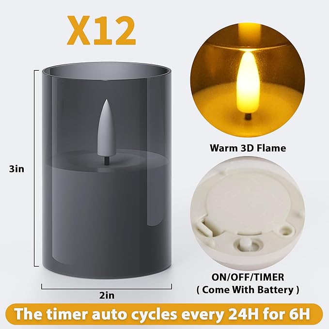 VIODAIM 12Pack Flickering Flameless LED Candles with Timer, Battery Powered - Small Pillar & Votive, Black (2"X3")