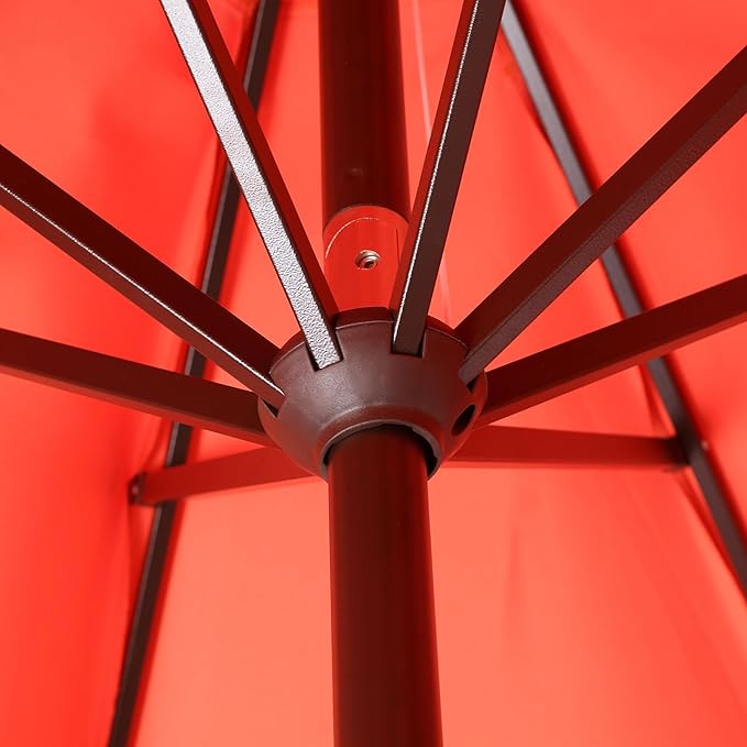 JONATHAN Y Tracy 9 ft. Outdoor Patio Umbrella with Scalloped Edge, Coastal Market Table Umbrella with Crank Lift and Tilt, 8 Sturdy Ribs UV Resistant for Pool, Coral Red, Dark Brown Pole UMB1002A