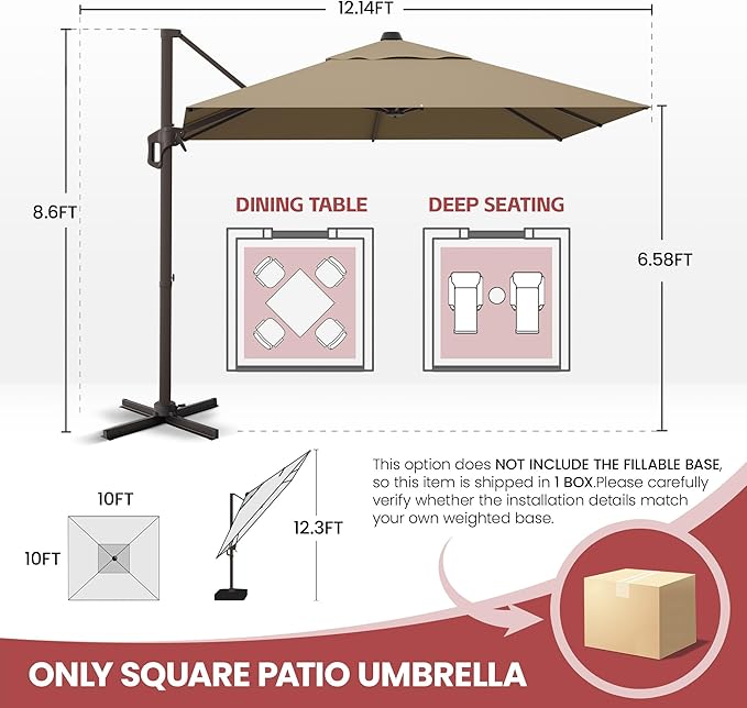GENTEACO 10X10 FT Cantilever Umbrella, Large Offset Patio Umbrella with 6 Angle Tilts & 360° Rotation, Large Square Sun Umbrellas for Outdoor Patio Pool Deck Market, Tan