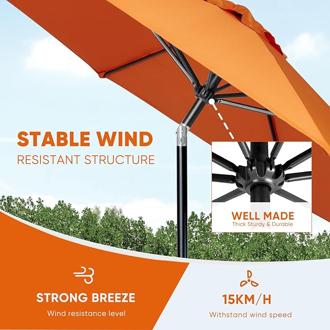 Tempera Patio Market Outdoor Table Umbrella with Push Button Tilt and Crank, Large Sun Umbrella with Sturdy Pole & Fade Resistant Canopy, Easy to Set