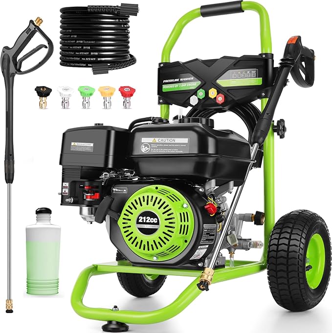 Professional 4200PSI 4GPM 212CC Gas Pressure Washer, 7.0HP Heavy-Duty 3600RPM Commercial Gas Power Washer with 1000ML Foam Bottle 9" Wheels 5 Nozzles 25FT Hose (EPA/CARB/ETL Compliant), Green