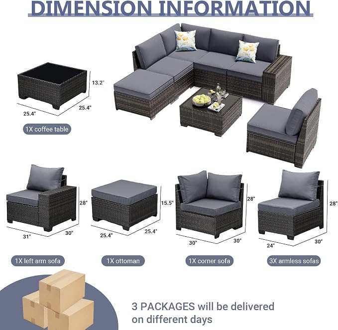 JOYURE 7 Pieces Patio Furniture Set, Outdoor Sofa with Waterproof Cushions, Rattan L Shaped Patio Couch & Coffee Table, Modern Outdoor Furniture for Backyard, Deck, Balcony – Grey