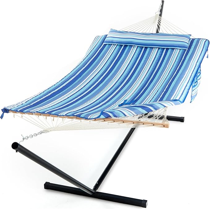 PNAEUT Double Hammock with Stand for Outside, Rope Hammocks with Polyester Pad 2 Person, 12ft Heavy Duty Stand, Extra Pillow, Storage Sidebag, Max 475 lbs Capacity (Ocean)
