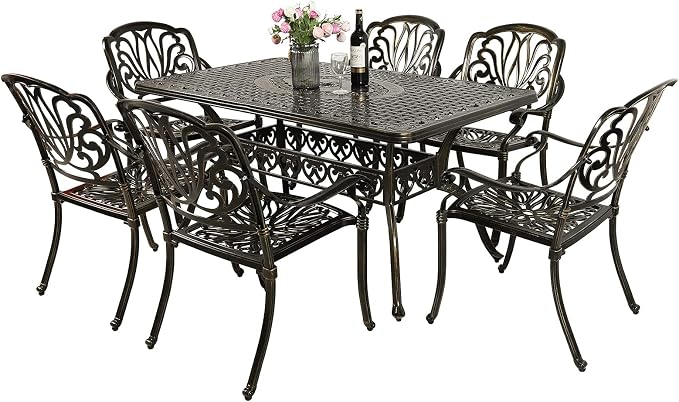 MEETWARM 7-Piece Outdoor Patio Dining Set, All-Weather Cast Aluminum Patio Conversation Set for Backyard Garden Deck with 6 Chairs, 1 Rectangular Table, 2" Umbrella Hole, Dark Bronze