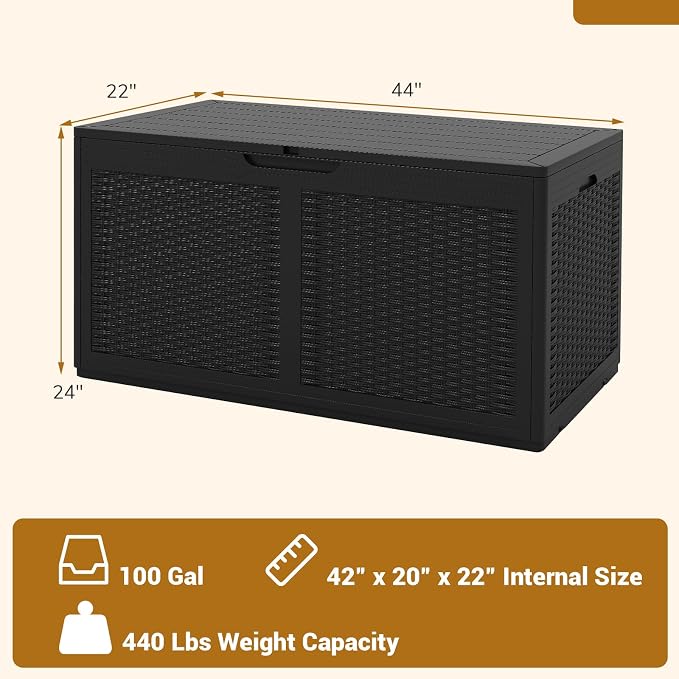 Tangkula 100 Gallon Outdoor Storage Box, Lockable Outdoor Storage Bench with 2 Smooth Wheels, Faux Rattan Surface, Waterproof Resin Deck Box for Outside Poolside Patio Garden (Black)