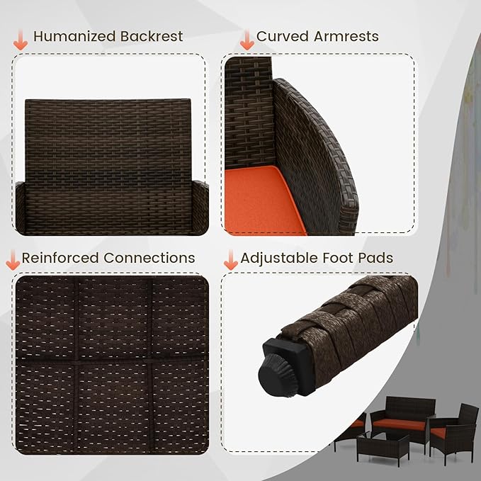 DORTALA 4-Piece Rattan Patio Furniture Set, Outdoor Table & Chair Set with Tempered Glass Coffee Table, Cushion, Wicker Conversation Set for Garden, Lawn, Poolside and Backyard, Orange