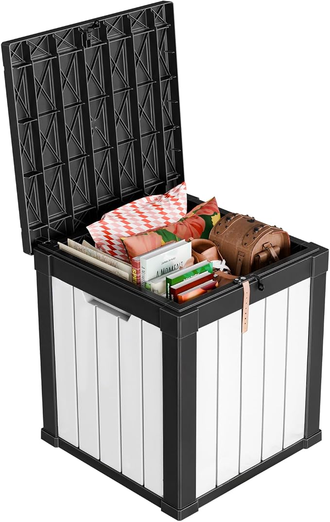 PatioZen 51 Gallon Resin Deck Box, Lockable Patio Outdoor Storage Box for Furniture, Garden Tools and Tools Storage, Waterproof Outside Storage Boxes - Black&White