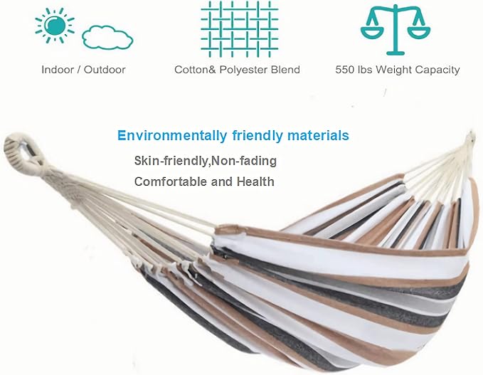Comfortable Camping Hammock for 2 Preson Portable Hammock with Hanging Ropes & Carry Bag, Large79''x60''Cotton Hammock Up to 550lbs&Heavy Duty Carabiners for Camping Outdoor/Indoor Patio Backyard