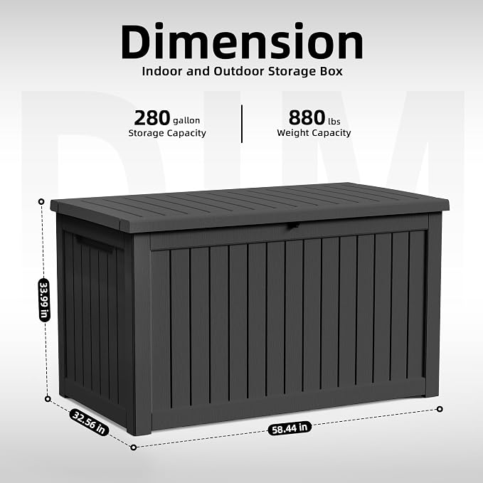 280 Gallon Outdoor Storage Box Waterproof, Resin Lockable Deck Box with Lid, Large Capacity Weatherproof Container for Patio Furniture Pool Accessories, Cushions(Black, 280 Gallon)