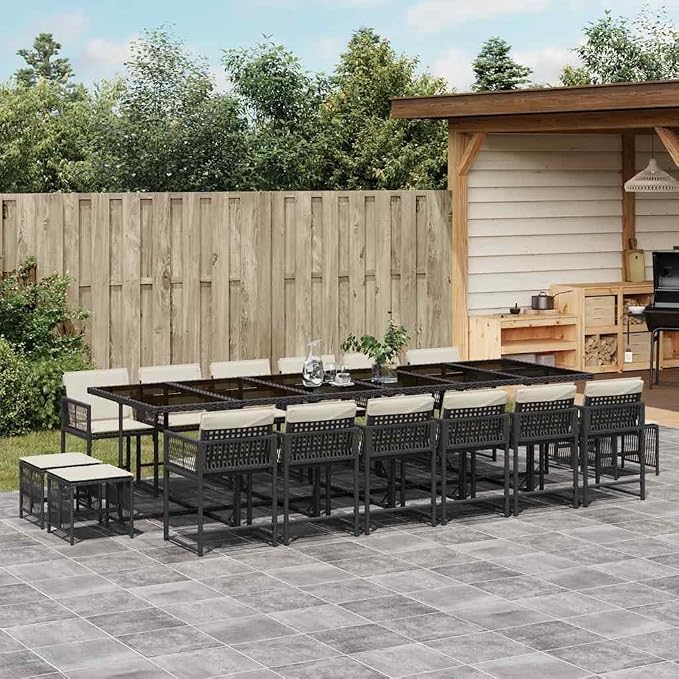 17-Piece Outdoor Dining Set, Large Rectangular Garden Table with 16 Rattan Chairs and Cushions, Weather Resistant Patio Furniture for Backyard, Balcony, and Deck