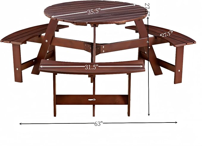 6 Person Wood Picnic Table, Outdoor Round Dining Table with 3 Built-in Benches, Umbrella Hole, Outside Patio Backyard Table and Bench Set, 500lbs Capacity Per Bench(Brown)