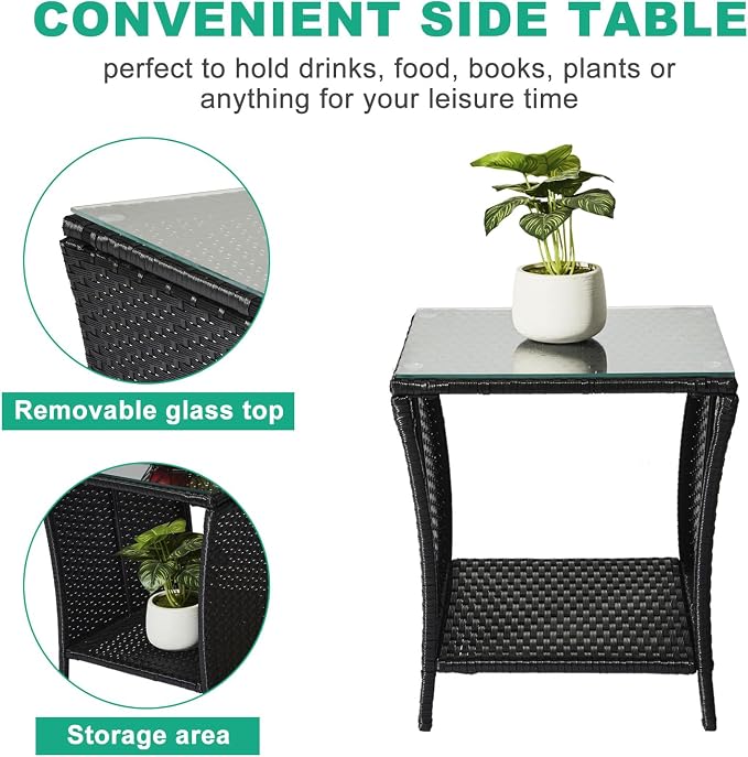 HomVent Patio Wicker Rattan Side Table, Outdoor Square Tempered Glass Top Rattan Coffee Table End Table Furniture with Storage for Patio Courtyard Balcony (Black)