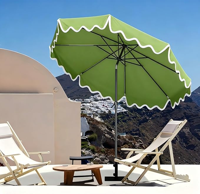 Tempera 9FT Scalloped Tassel Patio Umbrella, Outdoor Market Umbrellas with 8 Sturdy Ribs with Crank & Pust Button Tilt,Fade Resistant Canopy