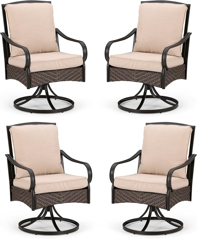 PHI VILLA Swivel Patio Dining Chairs Wicker Chairs Set of 4 with Cushions | Heavy Duty Outdoor Metal Wicker Dining Chair with Padded Cushions, Large All Weather Wrought Iron Patio Chair for Balcony