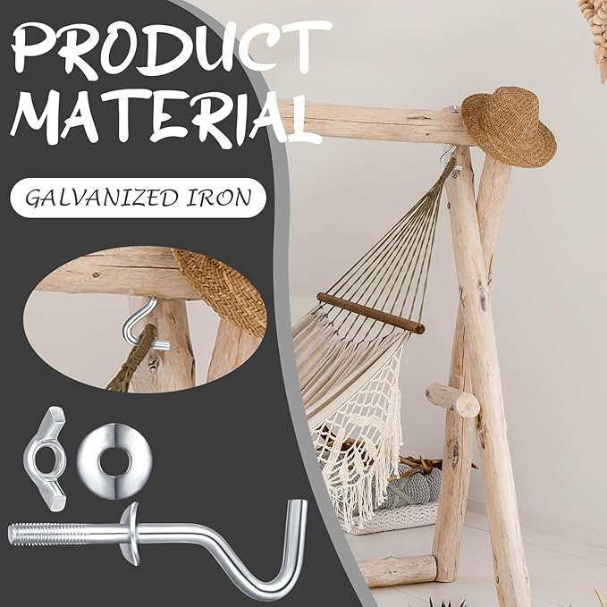 Gisafai 4 Packs Hammock Hooks Zinc Heavy Duty Replacement Hooks 3/8 Inch Portable Hammock Fit Column Diameters of 1-1/4 to 2 Inches Stand Accessories(Silver)
