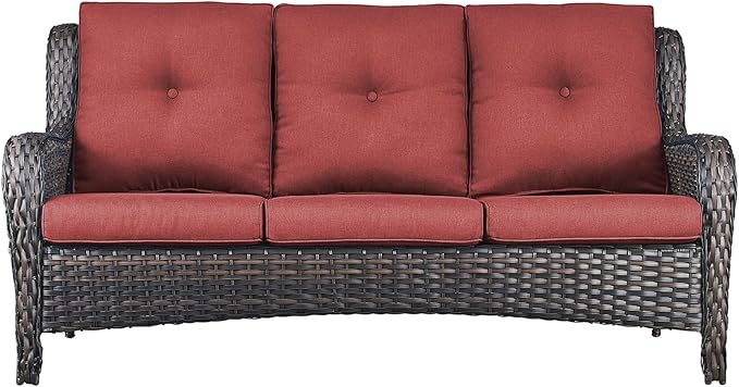 Rilyson Outdoor Couch Wicker Patio Sofa - 3 Seat Rattan Sofa with Deep Seating and Comfortable Cushions for Outside Porch Deck Balcony Garden(Brown/Red)