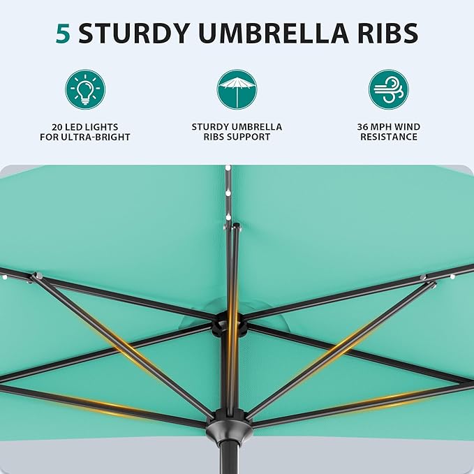 AreShark 9ft Patio Half Umbrellas with Solar Lights, 1/2 LED Half Outdoor Umbrella w/ 20 LED Lights, Lighted Table Wall Umbrella with Crank & 5 Sturdy Ribs for Market, Pool, Deck, Lawn and Garden, Teal Blue