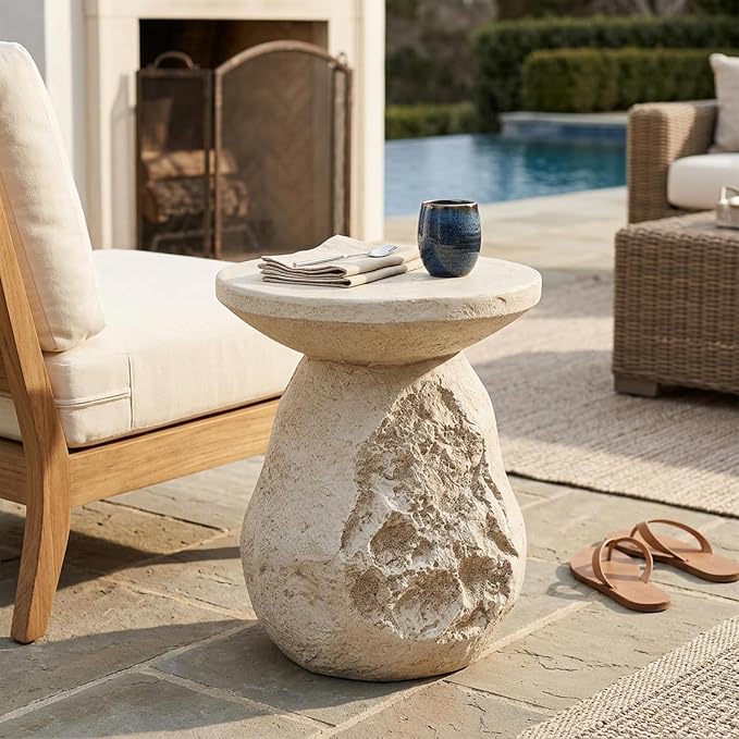 Merax Outdoor Patio Side Table, 19" Height Rugged Coral-Texture Round Patio Accent Table, Bohe & Coastal Style, MGO End Table for Balcony Poolside, Fully Assembled, Beige Finish