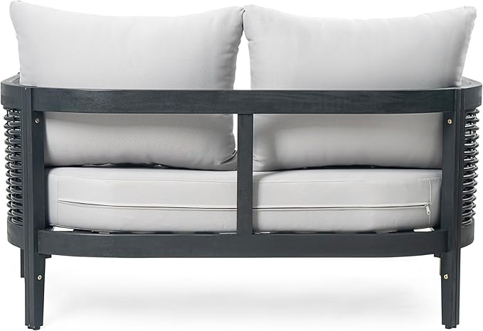 Christopher Knight Home Ramos Patio Conversation Set, 2-Seater Sofa/Loveseat+Coffee Table, Acacia Wood+Wicker Cushion+Back Pillows, Outdoor Seating, Garden, Backyard, Poolside, Black + Light Grey