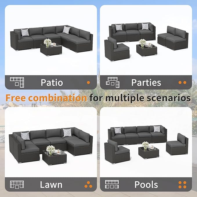 Oakcloud 7-Piece Outdoor Black Rattan Wicker Sectional Conversation Sets Patio Furniture Sofa Set with Cushions and Glass Top Table(Grey)