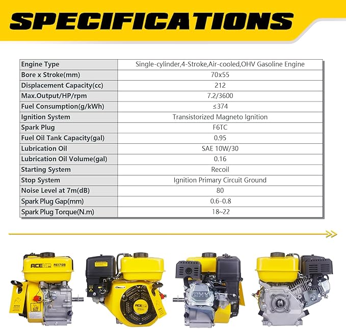 Aceup Energy Gas Engine 7HP 212cc Horizontal Shaft, 4Stroke Gas Motor, Shaft 3/4" (19mm) Diameter Recoil Start