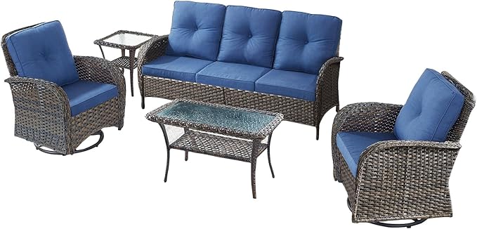 5 Pieces Wicker Patio Furniture Set-Outdoor Swivel Rocker Patio Chairs Patio Sofa Set with Tempered Glass Top Outdoor Coffee Table for Deck Lawn Porch Balcony Poolside-Brown/Blue