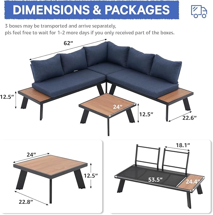 SUNSITT 4-Piece Outdoor Patio Furniture Set L-Shaped Aluminum Sectional Sofa with Faux Wood Grain Top Coffee Table, All-Weather Patio Conversation Set with Cushions, Blue