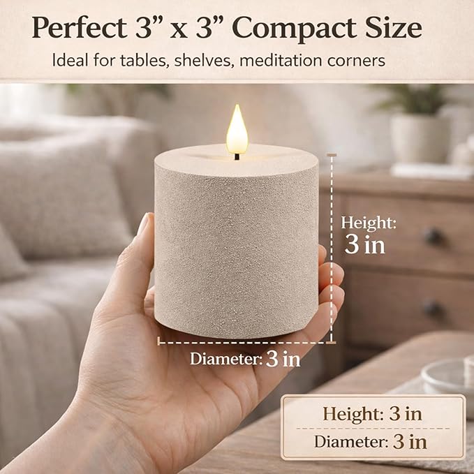 smtyle 3x3 inch Flicking Flameless Taupe Sand Finish Textured LED Pillar Fake Minimalist Battery Operated Candles with Remote for Living Room Bedroom Table Decor
