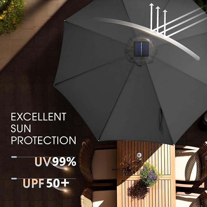 wikiwiki 9FT Solar Led Patio Umbrella with Base Included, 32 LED Lights, 8 Sturdy Ribs, Fade Resistant Waterproof POLYESTER DTY Canopy for Garden, Lawn, Deck, Backyard & Pool, Dark Gray