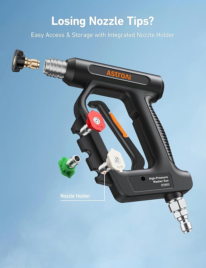 AstroAI Short Pressure Washer Gun with Swivel, Power Washer Gun with 3/8" Quick Connect Inlet & 1/4" Outlet, 4060 PSI, with 4 Nozzles, Ergonomic Comfort Grips, Compatible with Foam Cannon for Car Wash