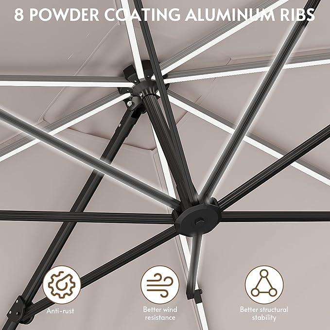 11x11FT Solar Powered LED Light Cantilever Patio Umbrella with Base Included, Large Cantilever Umbrella with 360°Rotation, Heavy-Duty Offset Outdoor Umbrella for Patio,Pool,Backyard (Champagne)