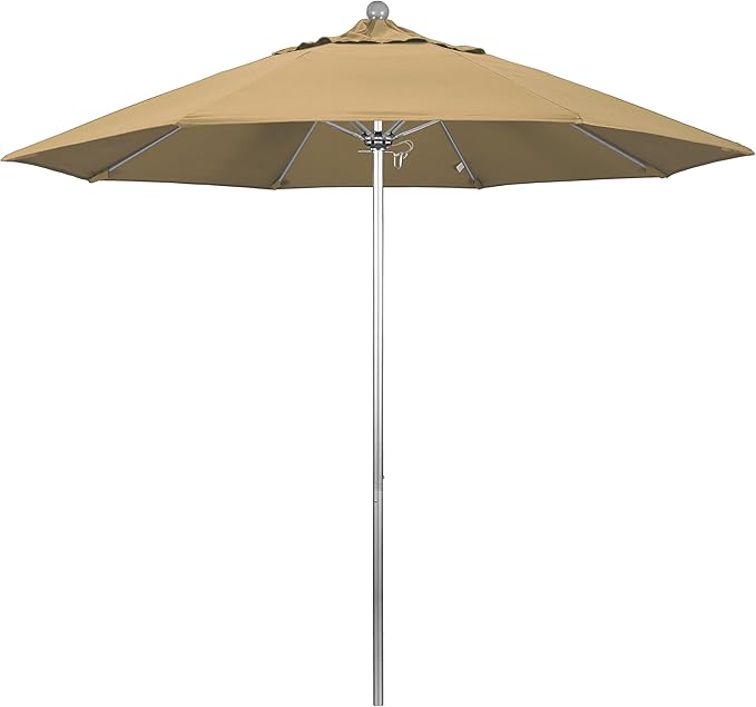 California Umbrella 9' Round Aluminum/Fiberglass Umbrella, Push Open, Silver Pole, Olefin Champagne Fabric