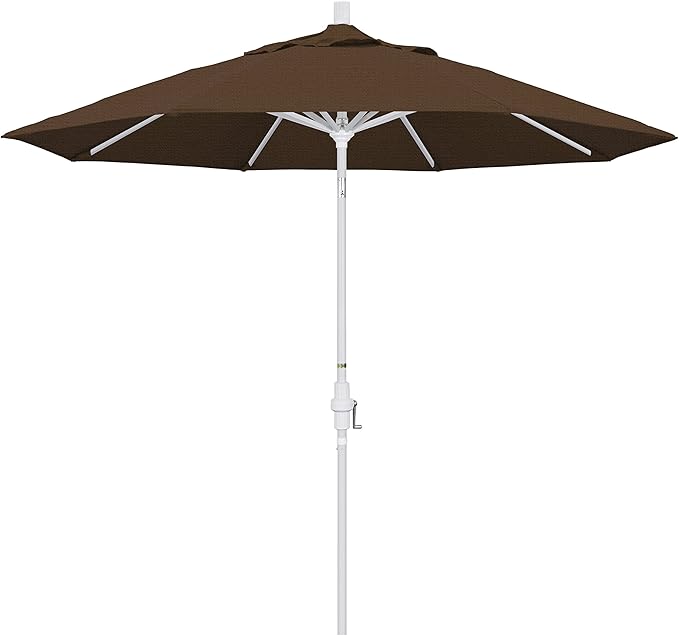California Umbrella 9' Round Aluminum Market Umbrella, Crank Lift, Collar Tilt, White Pole, Teak Olefin