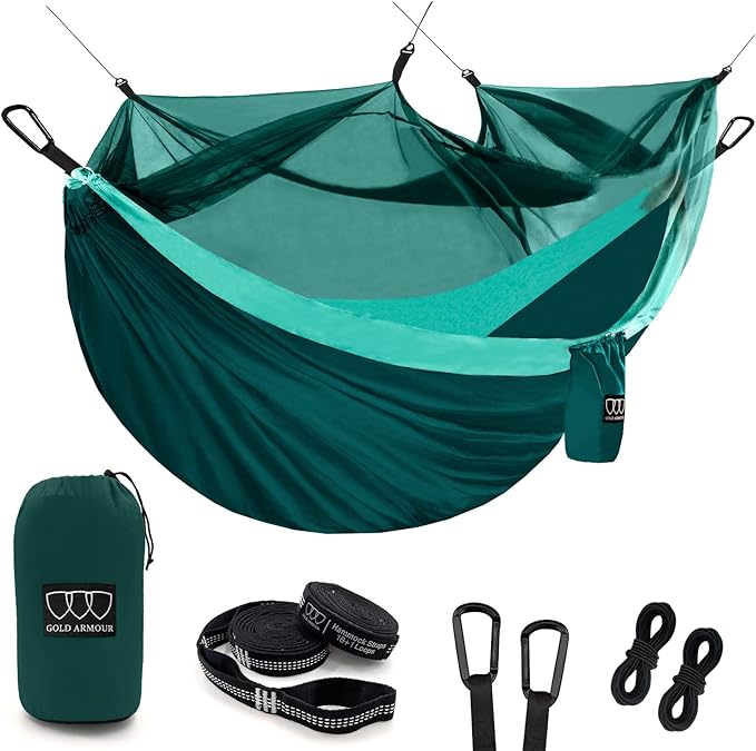 Gold Armour Camping Hammock - Camping Essentials, Double Hammock with Bug Net, Camping Gear Hammock for Outside, Hiking, and Travel (Turquoise & Seafoam)